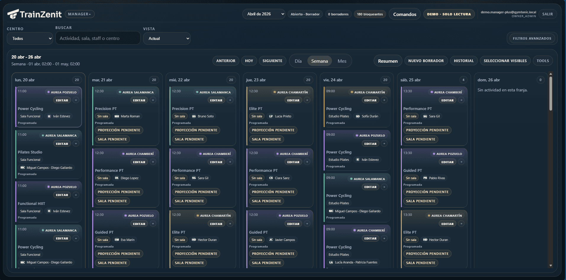 Vista del calendario operativo de TrainZenit